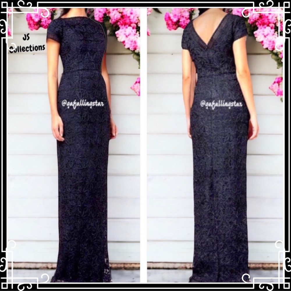 JS Collections Sequin Embellished Crochet Column Gown - Picture 14 of 14